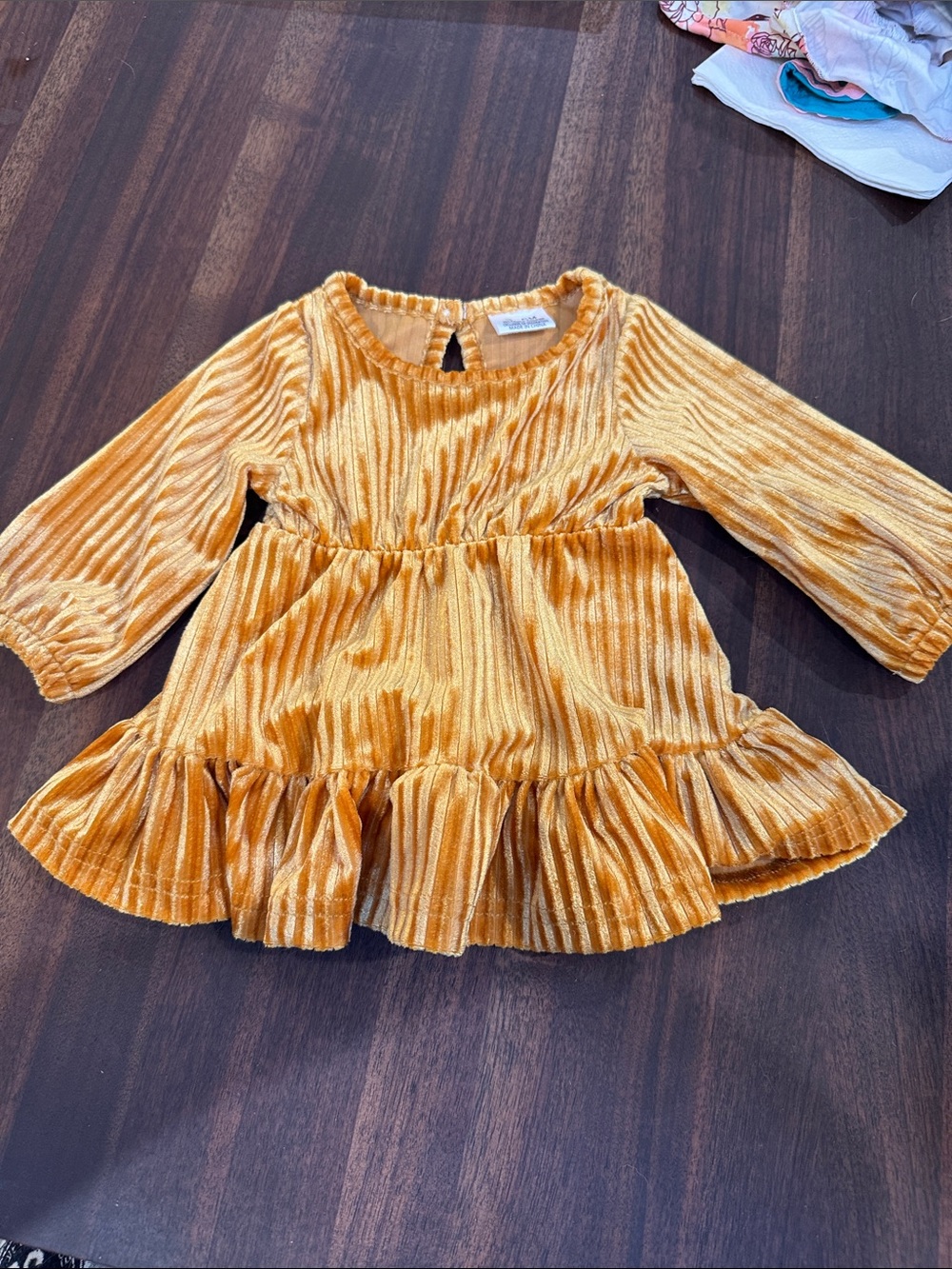 Girls' Mustard Velvet Ruffle Hem Dress
